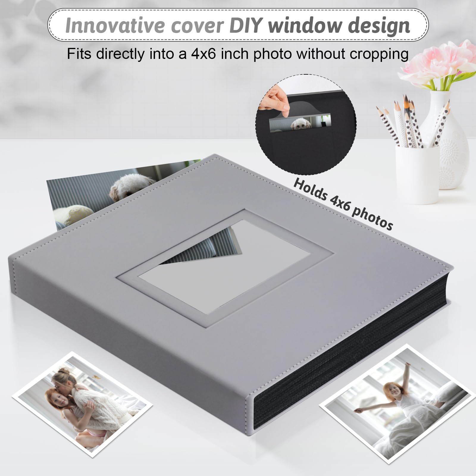 Durable vegan leather cover and acid-free inner pages protect memories