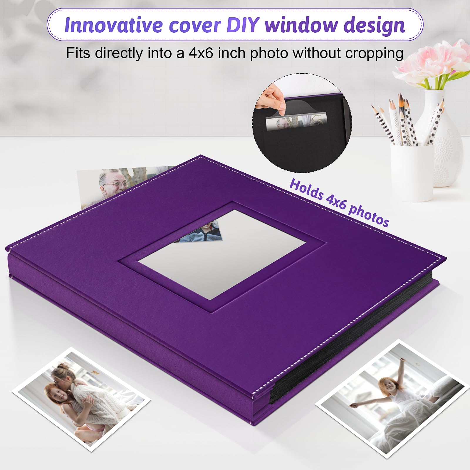 Popotop photo album interior pages hold five 4x6 photos for organized memories.