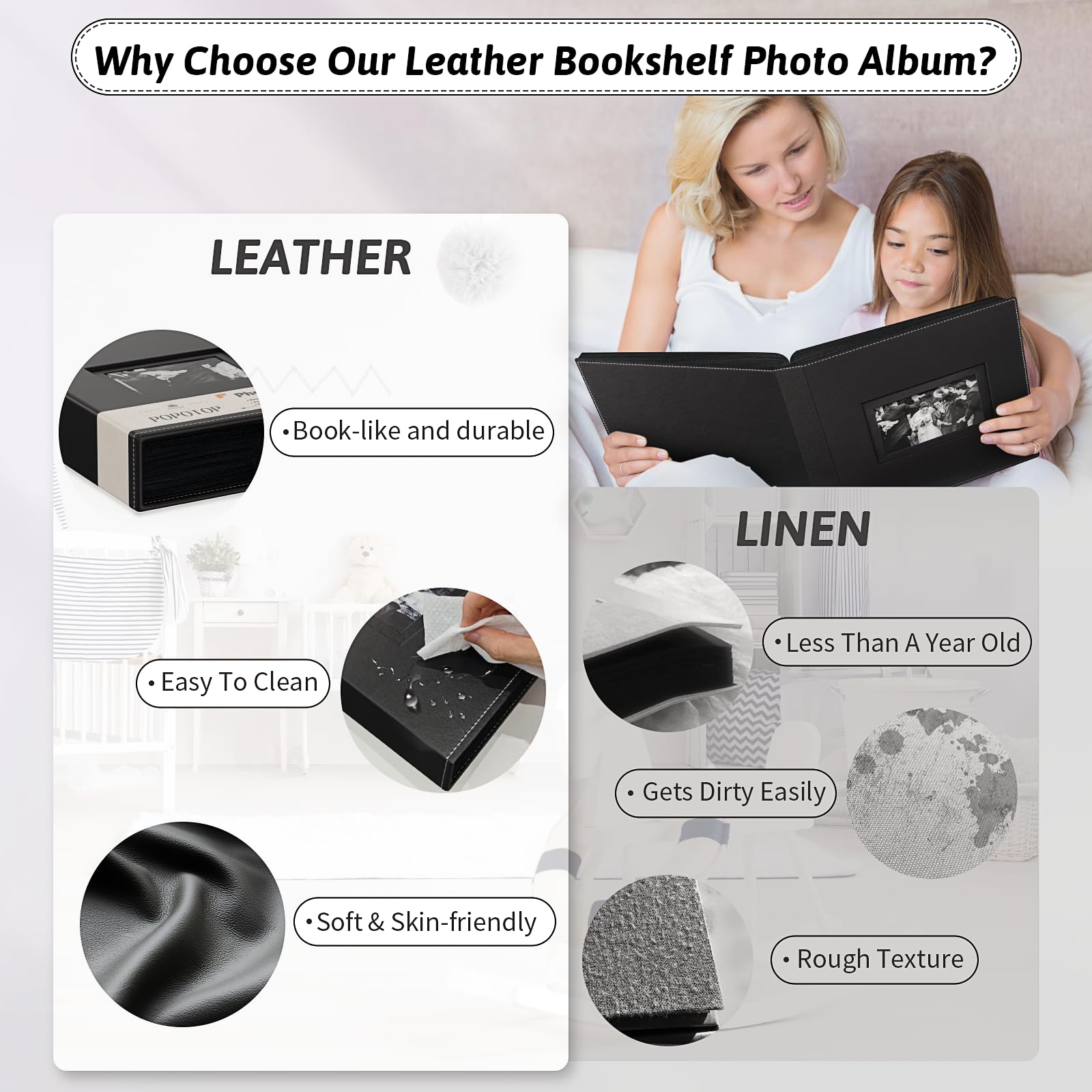 Popotop vegan leather closeup shows premium material and scratch-free protection.
