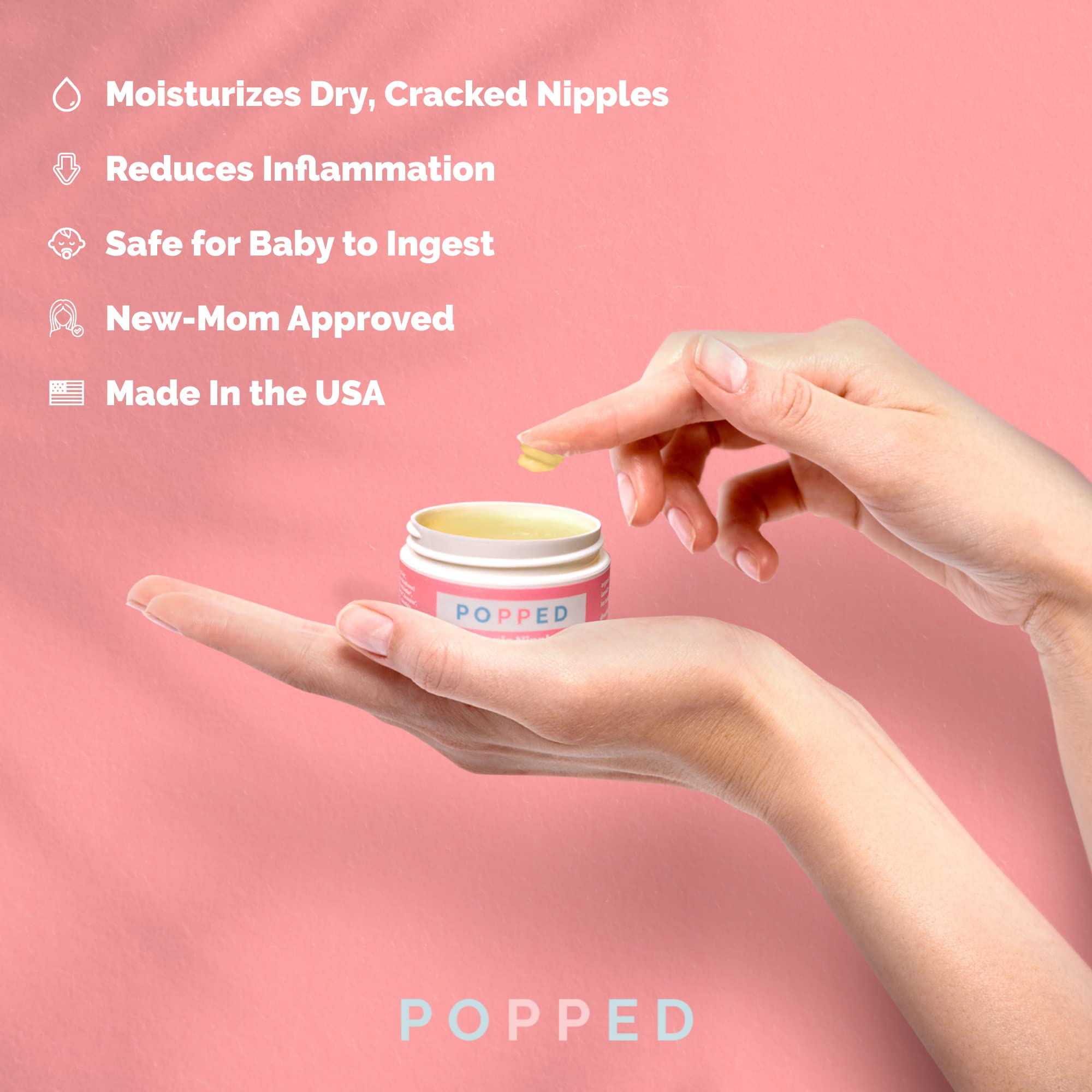 Popped Organic Nipple Butter ingredients label highlights seven organic components.