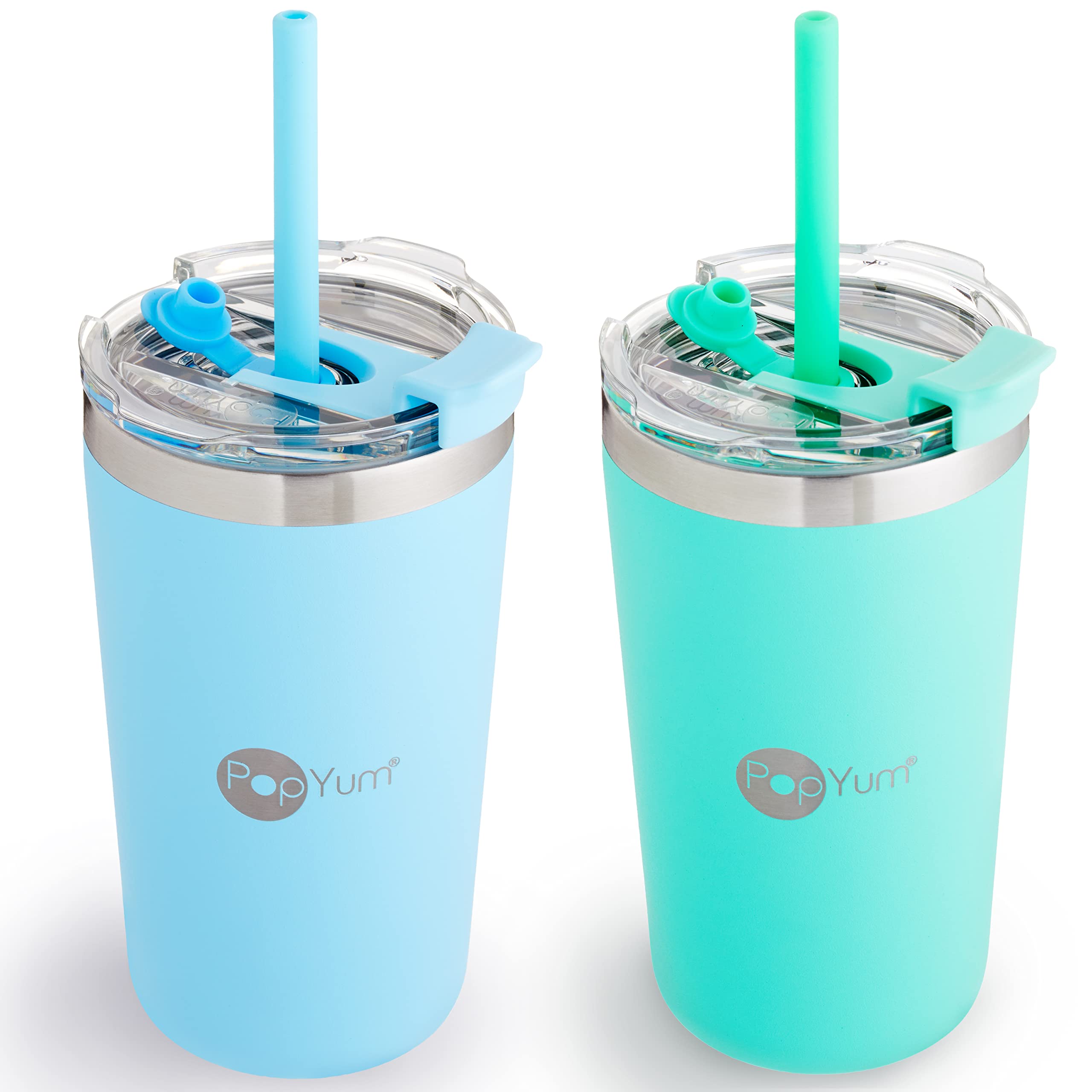 PopYum 13oz insulated kids cup with blue lid and straw for mess-free sipping.