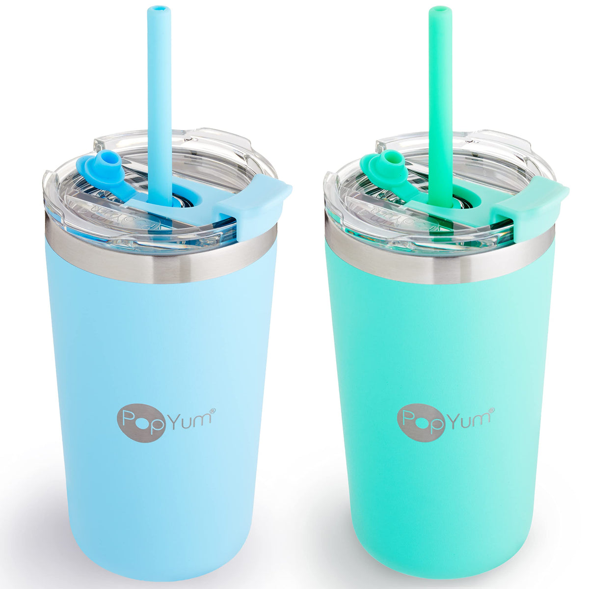 PopYum 13oz insulated kids cup with blue lid and straw for mess-free sipping.