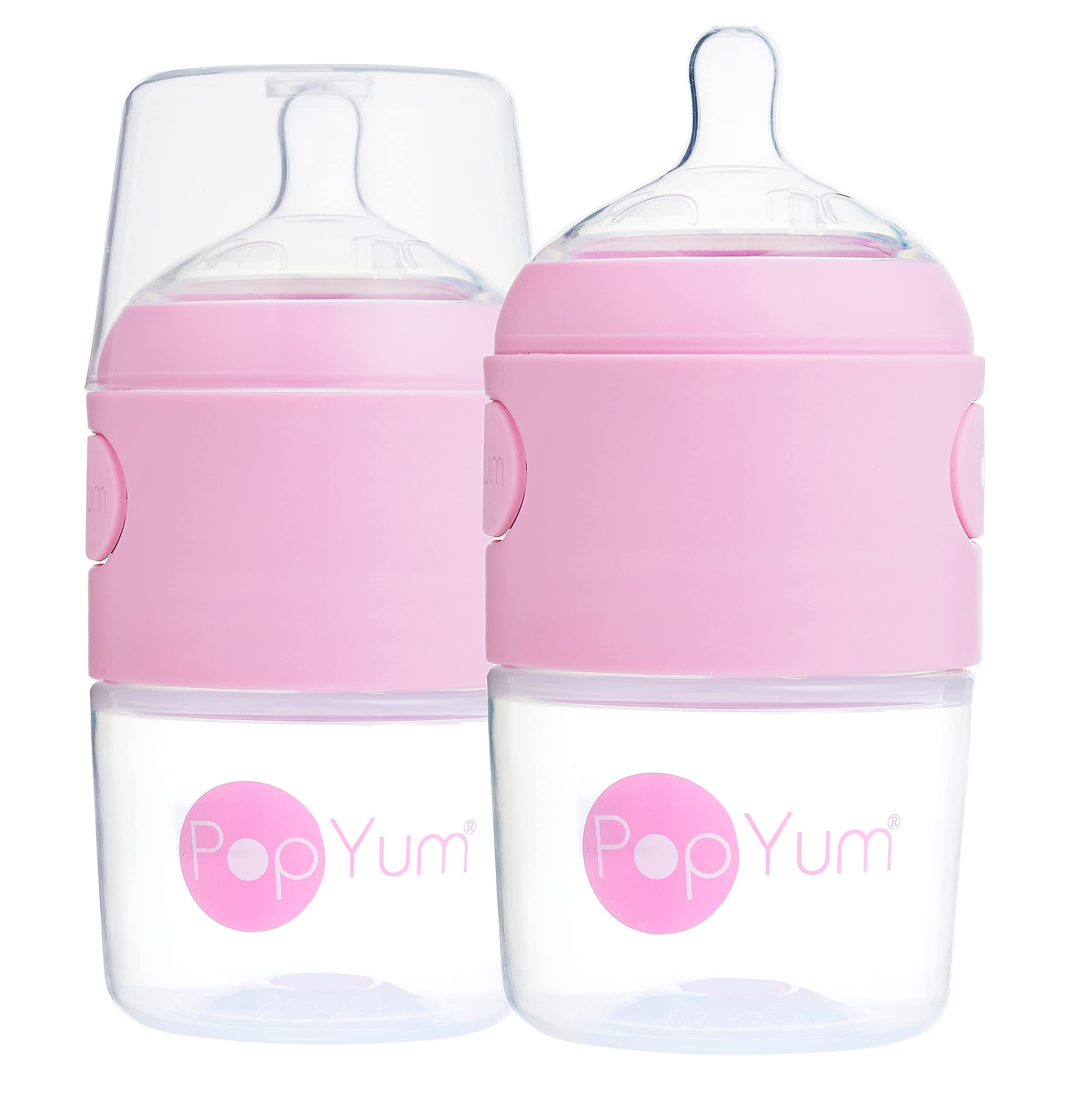 PopYum pink 5oz bottle shows anti-colic design for calmer feeds