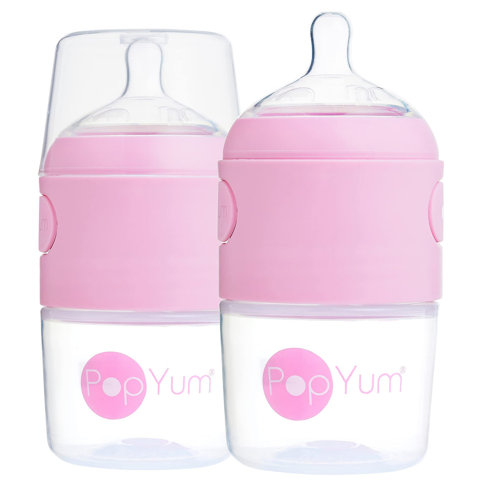 PopYum pink 5oz bottle shows anti-colic design for calmer feeds