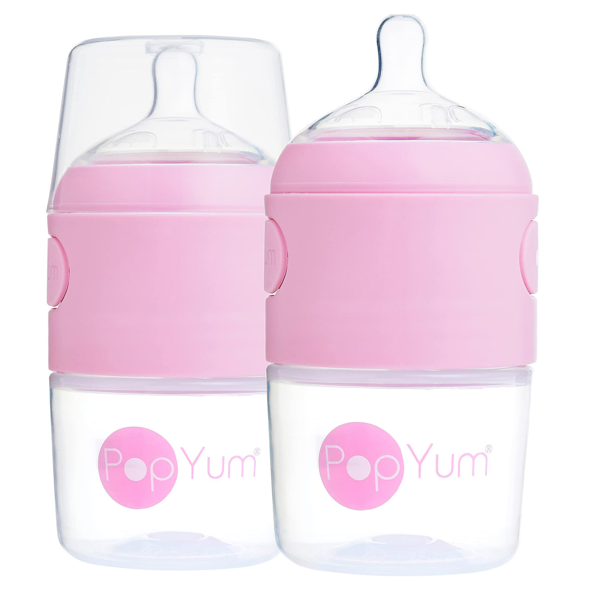 PopYum pink 5oz bottle shows anti-colic design for calmer feeds