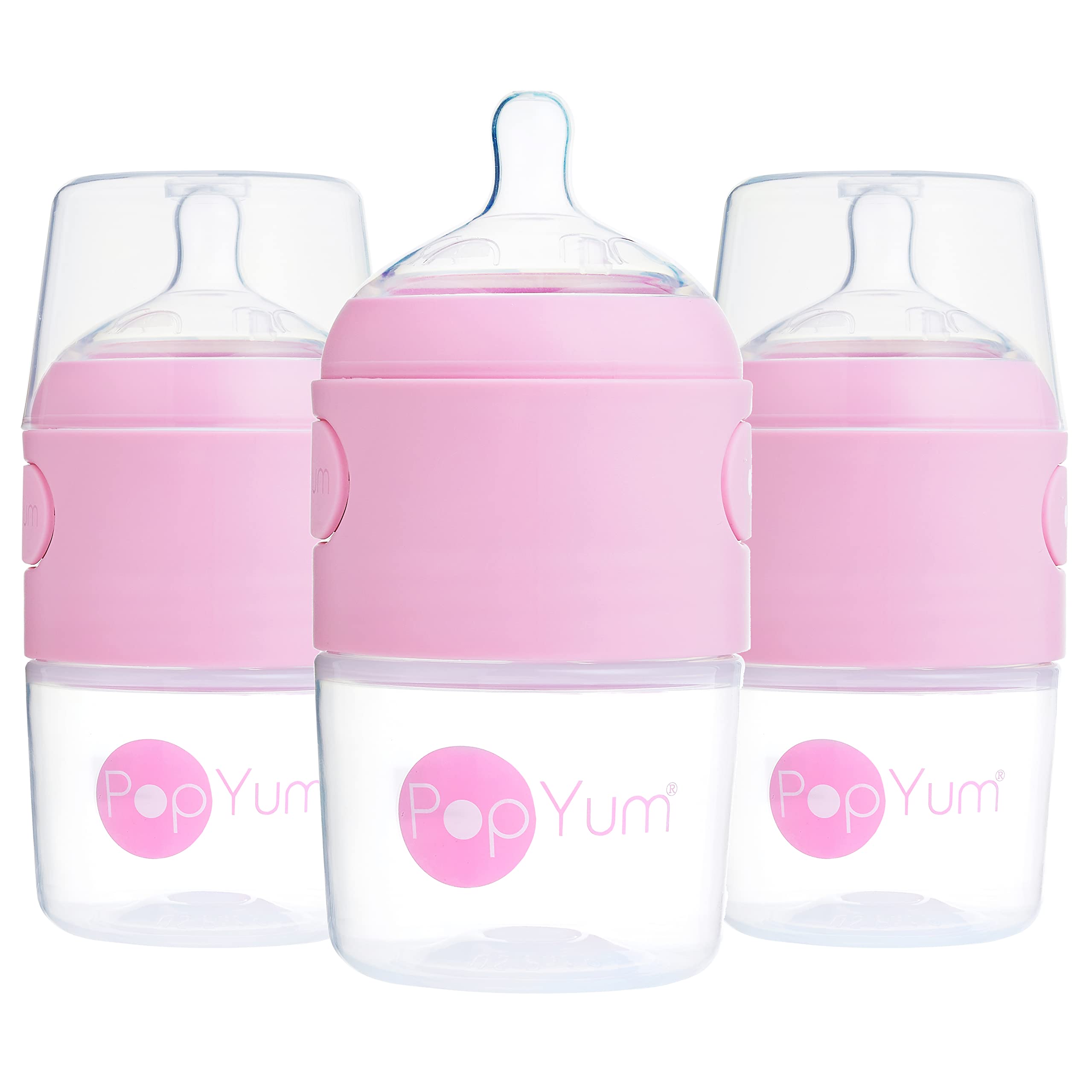 PopYum 5oz pink bottle with slow-flow nipples for easy feeding on the go.