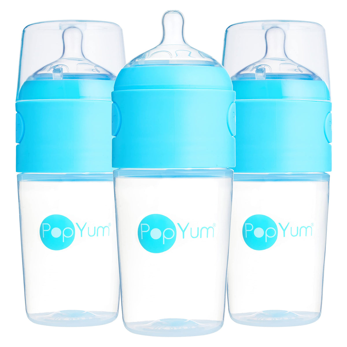 PopYum 9 oz blue bottle front view with anti-colic design for calm feeds