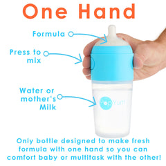 PopYum blue bottle side view showing water and formula separation