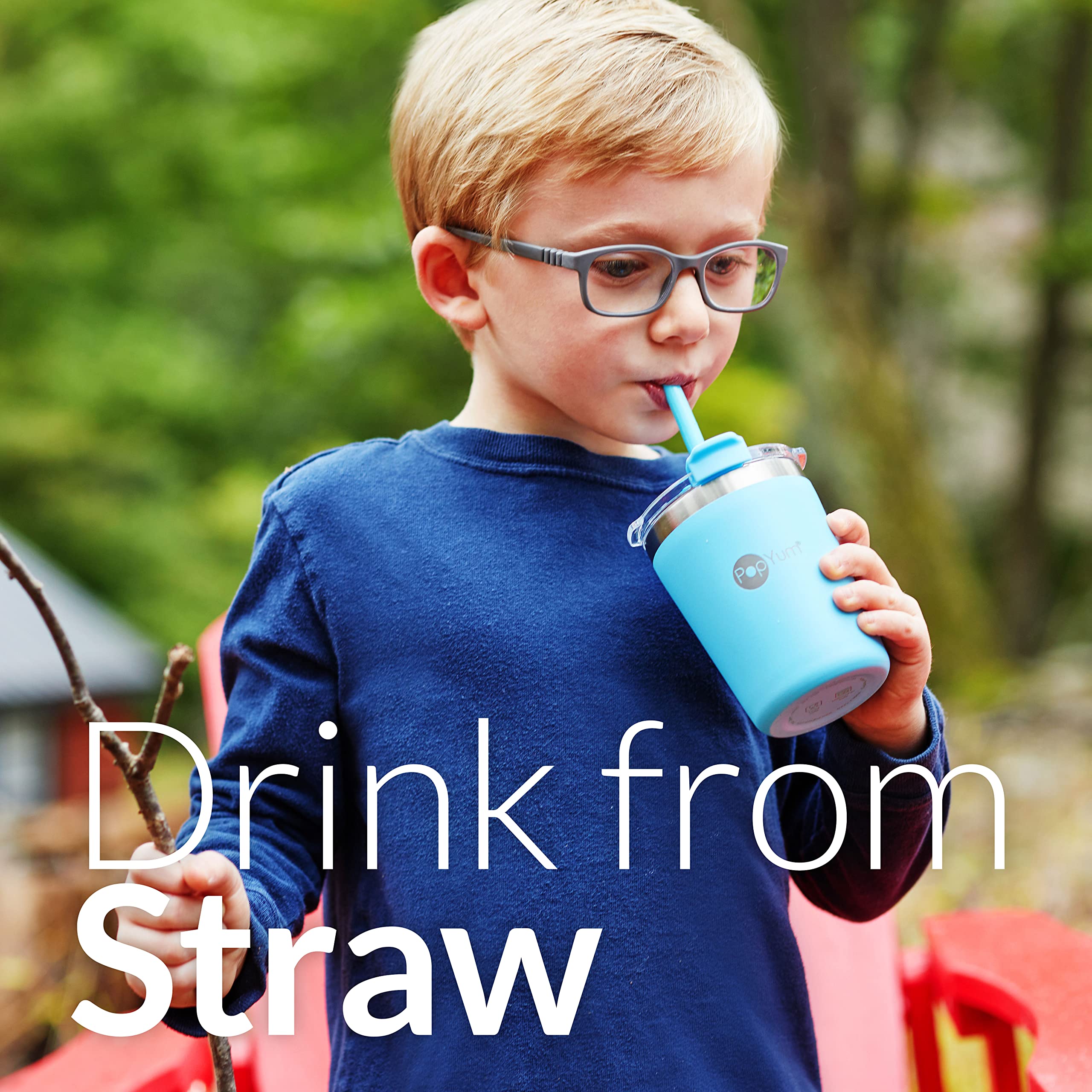 PopYum 9oz insulated kids cup pink front view with lid and straw keeps beverages stable.