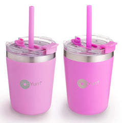 PopYum 9oz insulated kids cup purple front view with lid and straw keeps drinks at the right temperature.