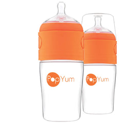 PopYum 9 oz orange bottle with clear measurements for quick prep.