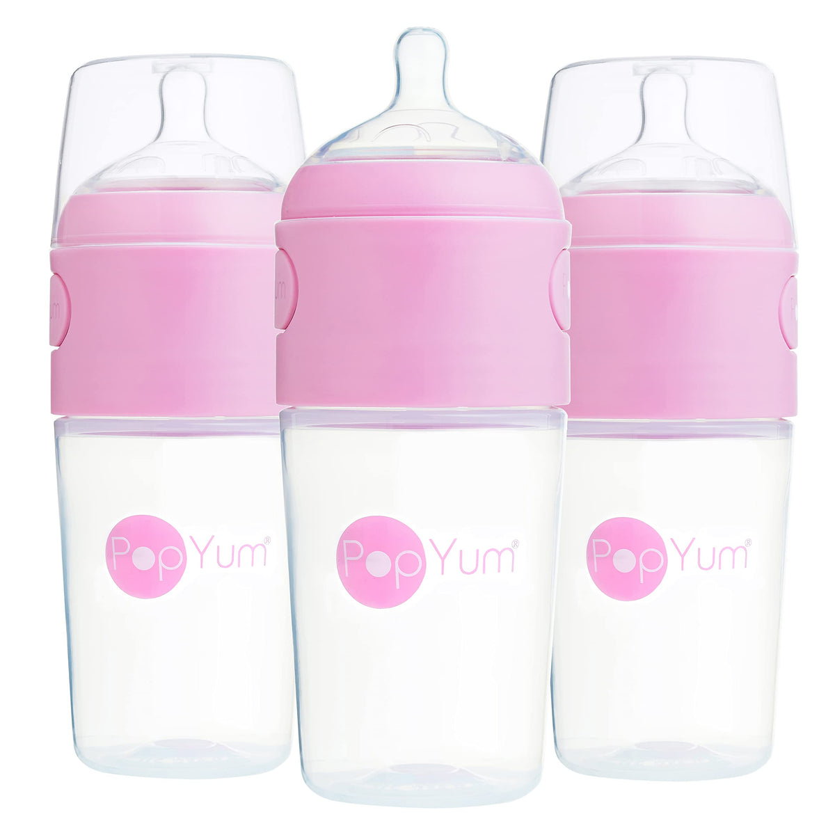 PopYum 9 oz pink bottle showing anti-colic design for calmer feeding sessions