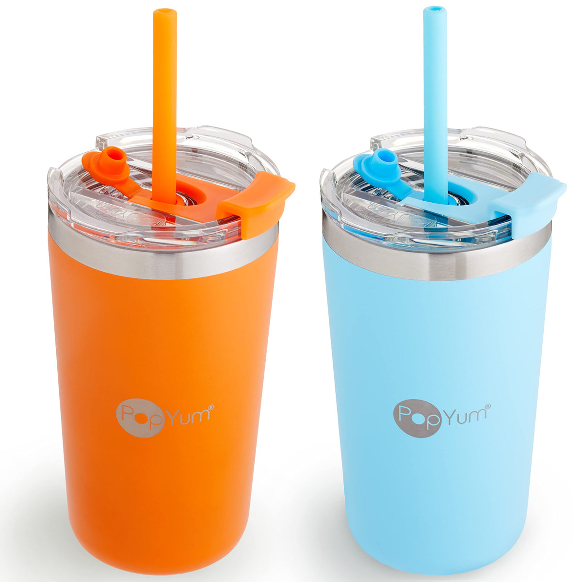 PopYum orange cup with lid and straw for on-the-go sipping