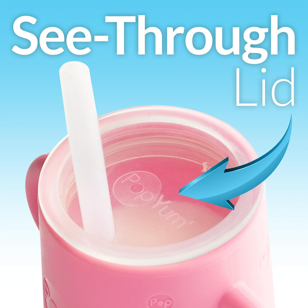 PopYum training cup with clear lid for quick empty checks.