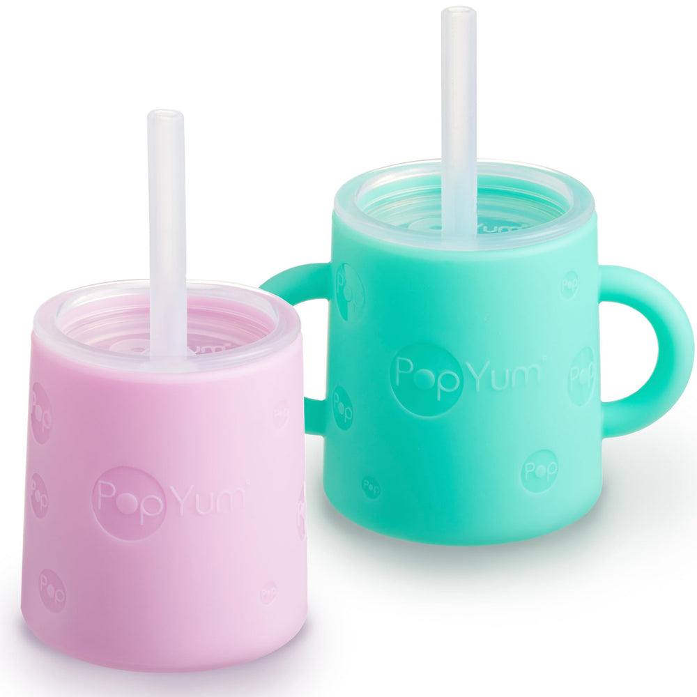 PopYum silicone training cup green with handles for easy grip.