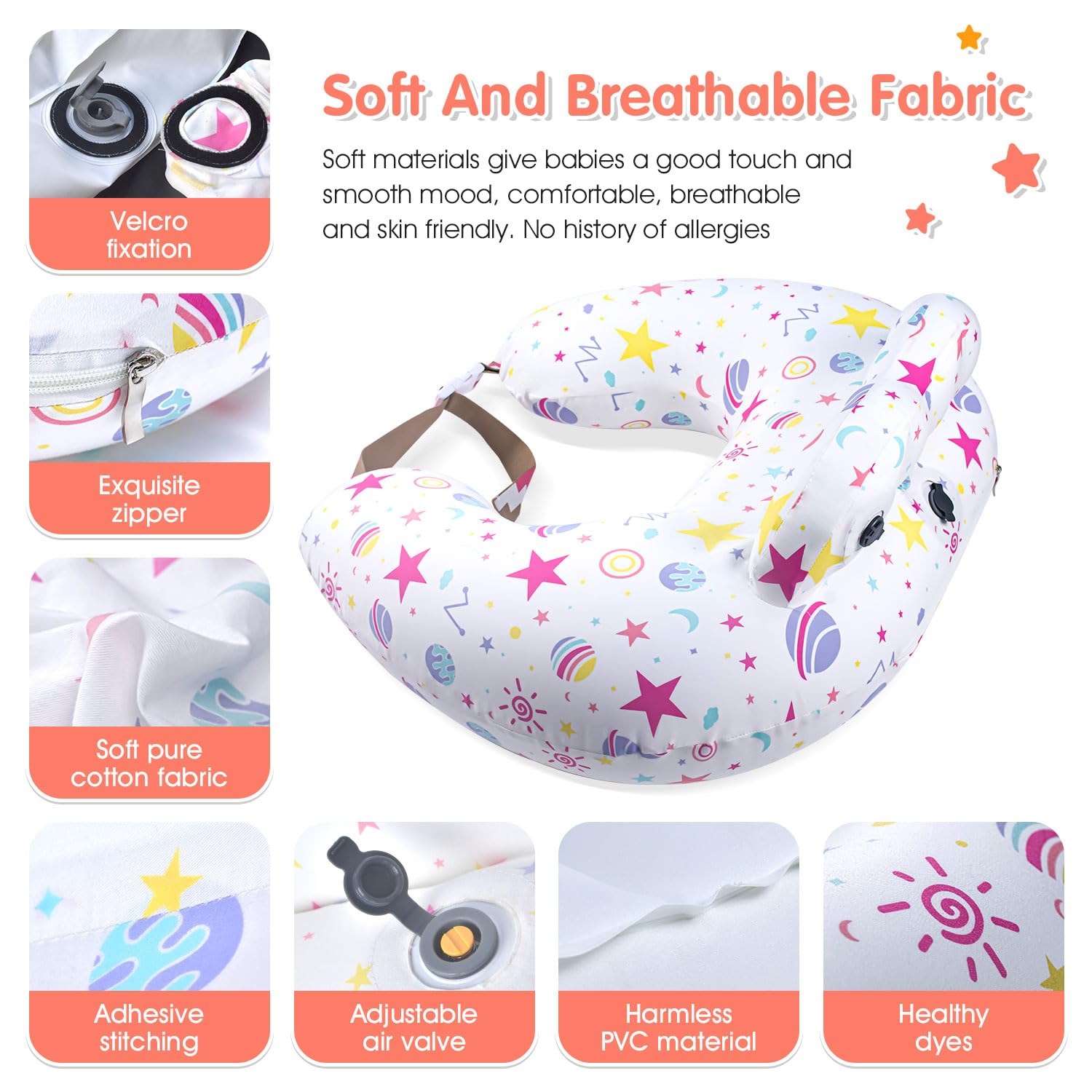 Portabuddy adjustable waist strap secures pillow for stable feeds.