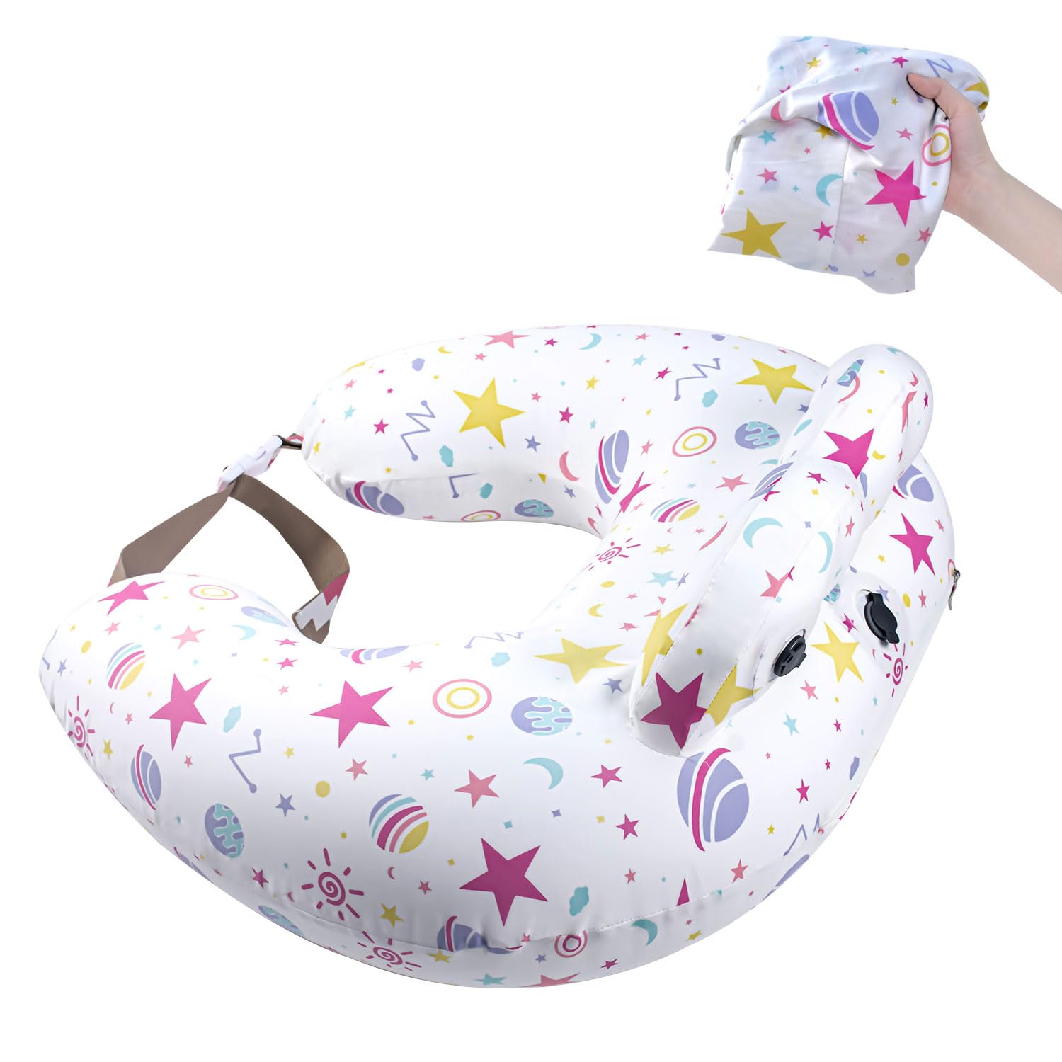 Portabuddy inflatable nursing pillow folded for travel convenience.