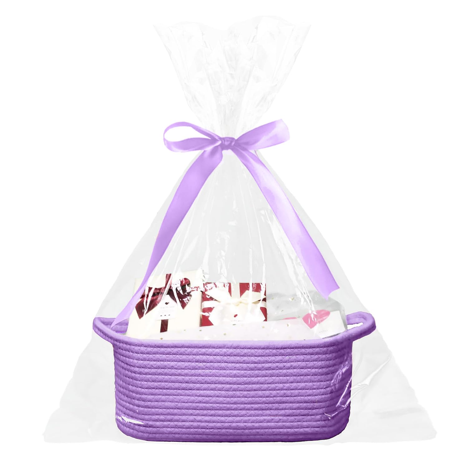 Poschnor baby gift basket in purple wrap, ready for gifting.