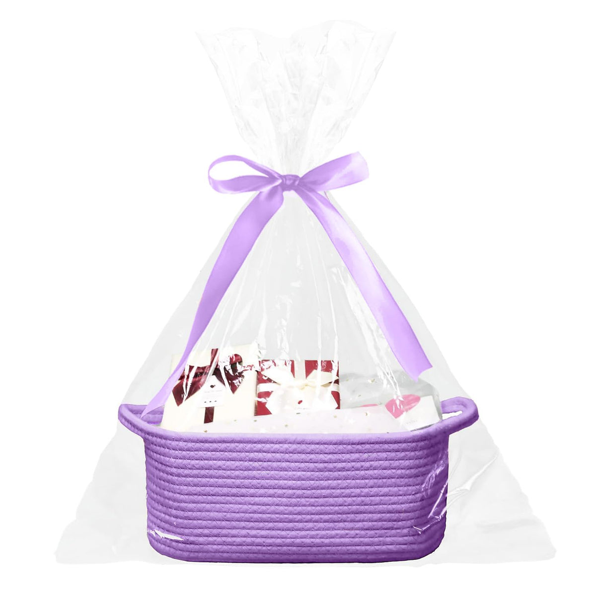 Poschnor baby gift basket in purple wrap, ready for gifting.