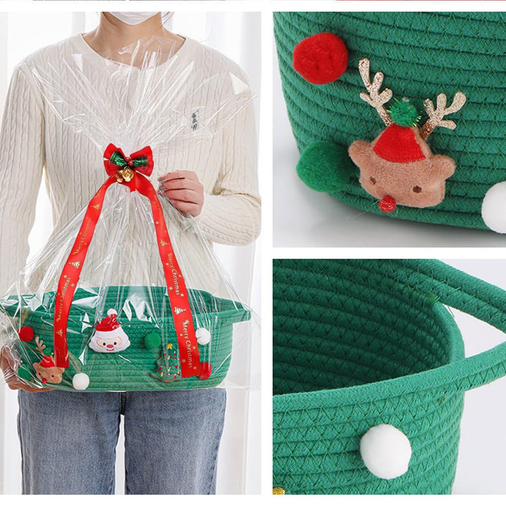 Poschnor christmas decor basket shows gift bags and ribbons for elegant holiday gifting.