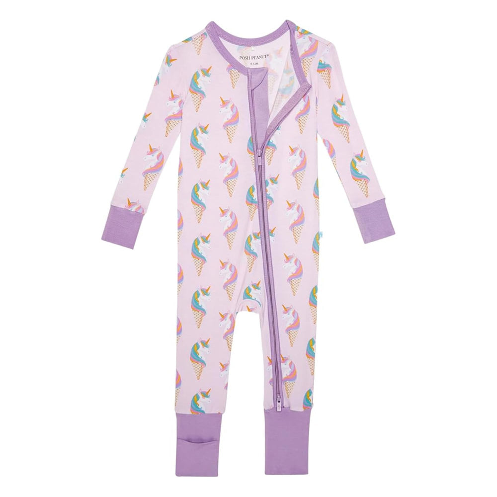 Posh Peanut convertible sleepers with pink prints offer footless comfort for easy diaper changes.
