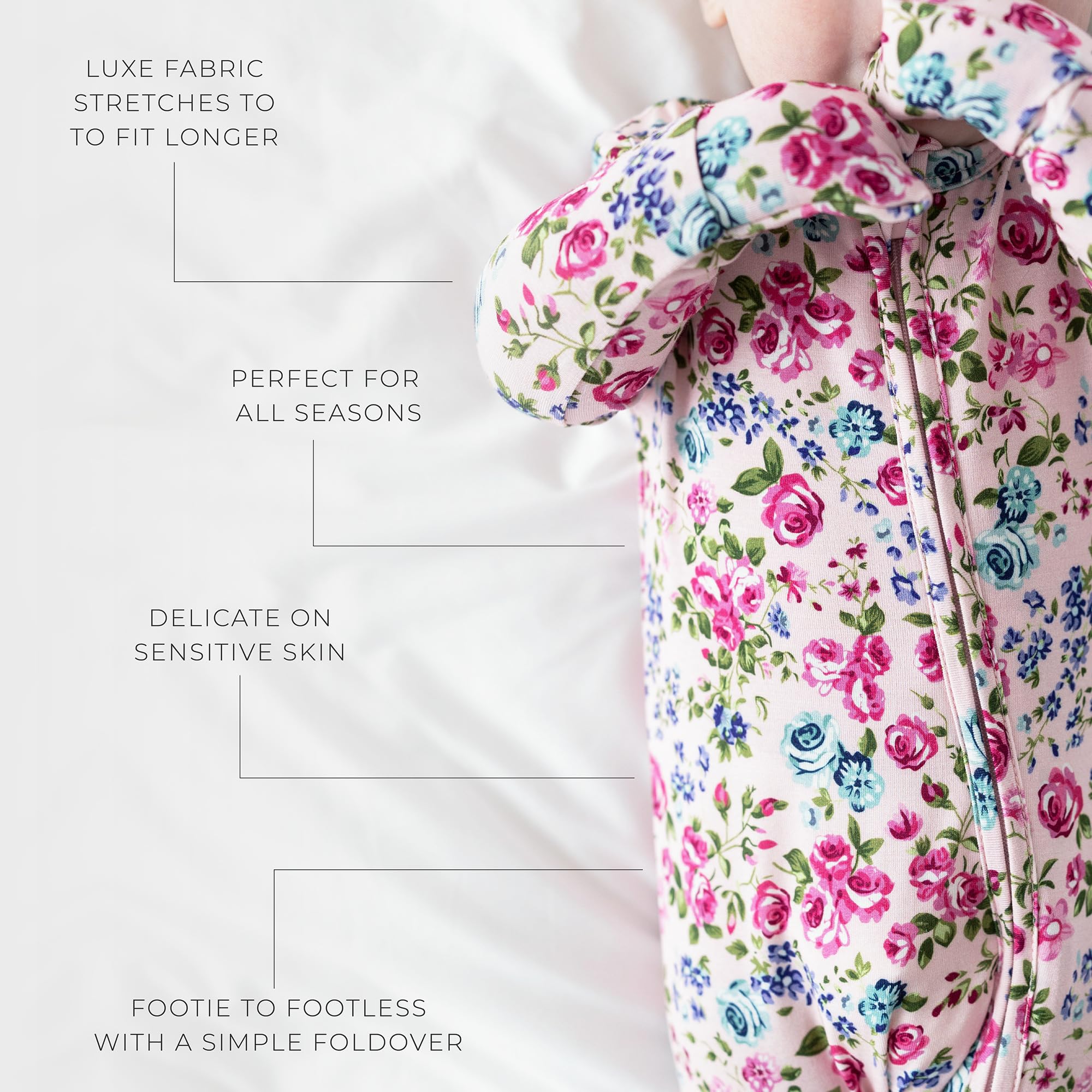 Posh Peanut sleepers zipper detail; 2-way zipper for convenient access during changes.