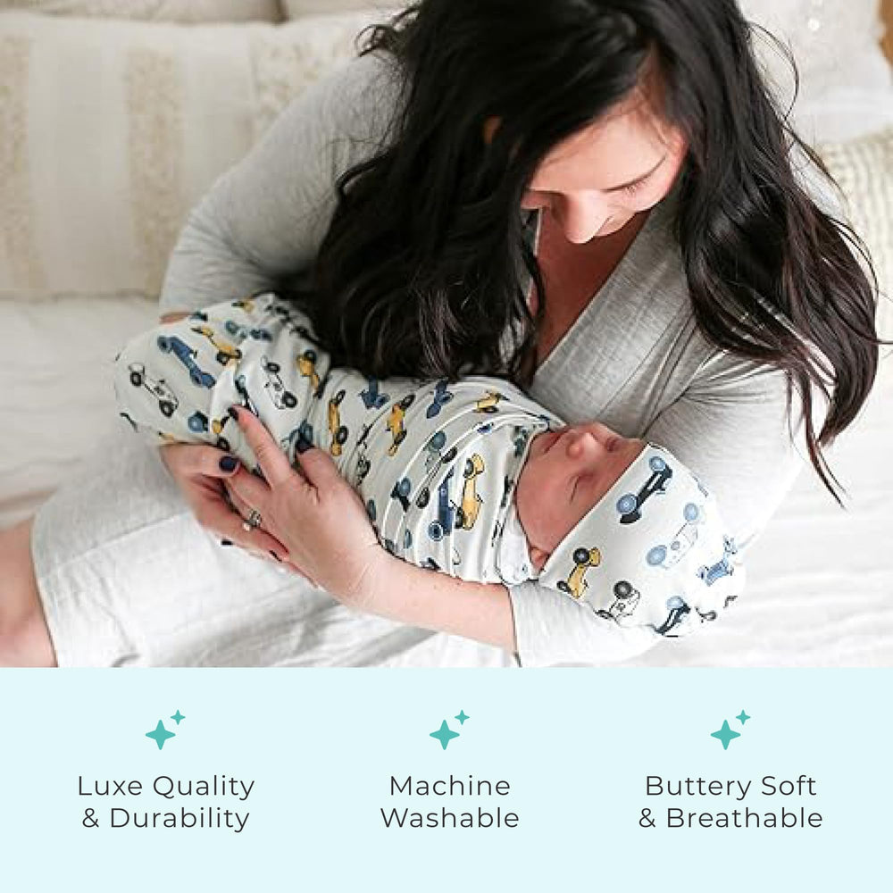 Posh Peanut Enzo headband paired with the swaddle set for a complete look.