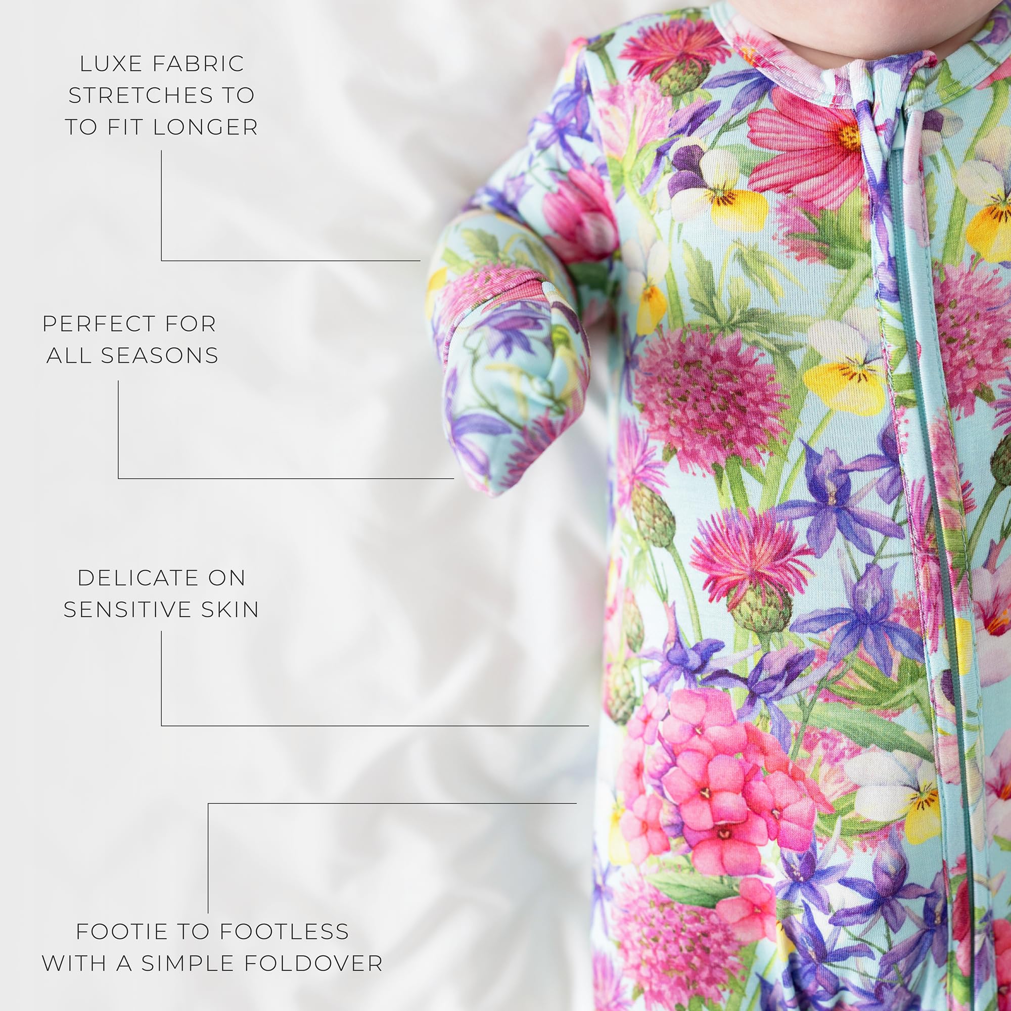 Posh Peanut newborn fold-over mittens on sleeper for warmth and protection.