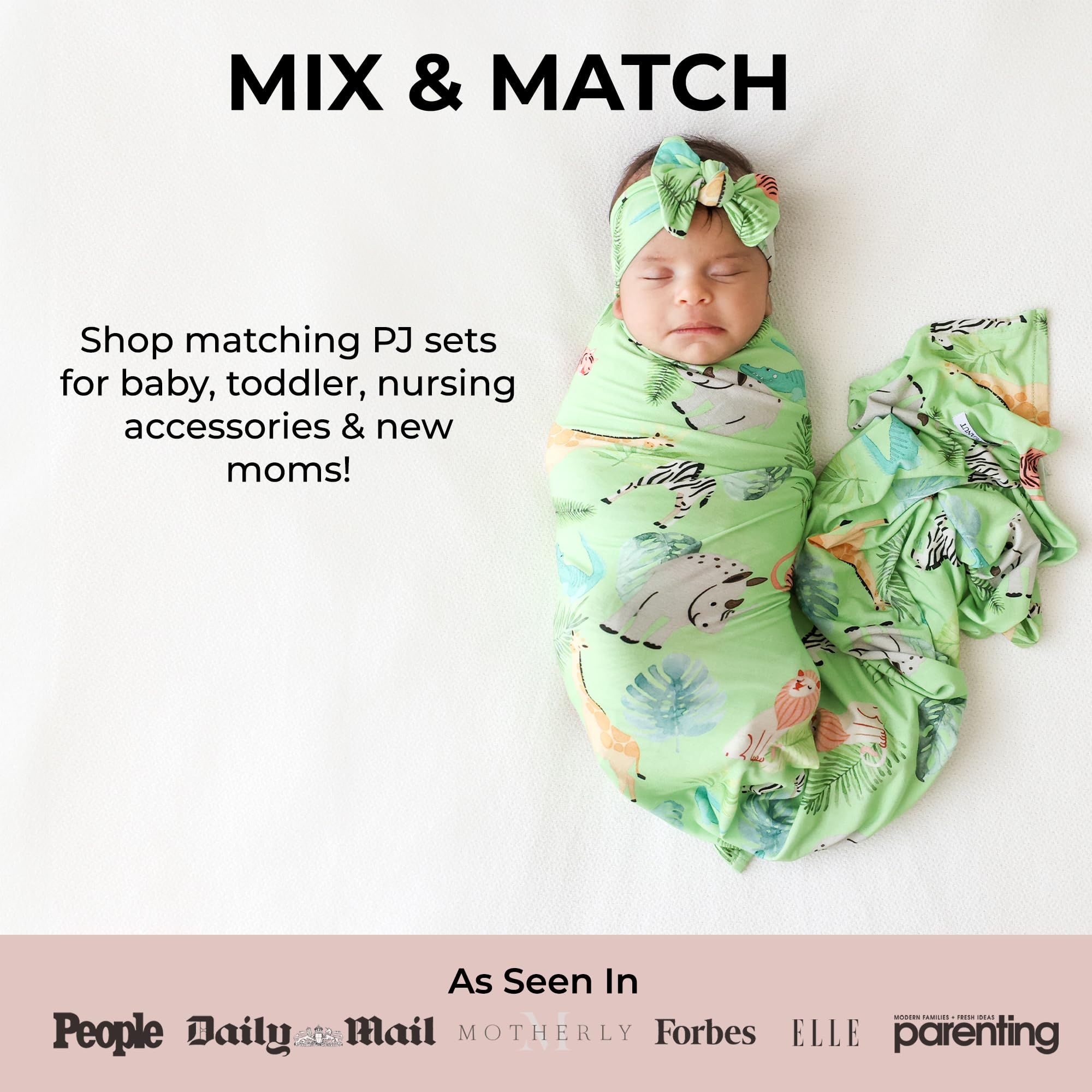 Posh Peanut Safari Animals blanket shown with other baby essentials for a coordinated nursery set.