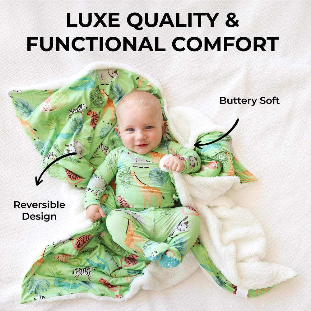 Posh Peanut Safari Animals blanket in stroller use provides cozy on-the-go comfort.