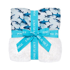 Posh Peanut Plush Patoo Sharks blanket front view with ultra-soft double-layer texture