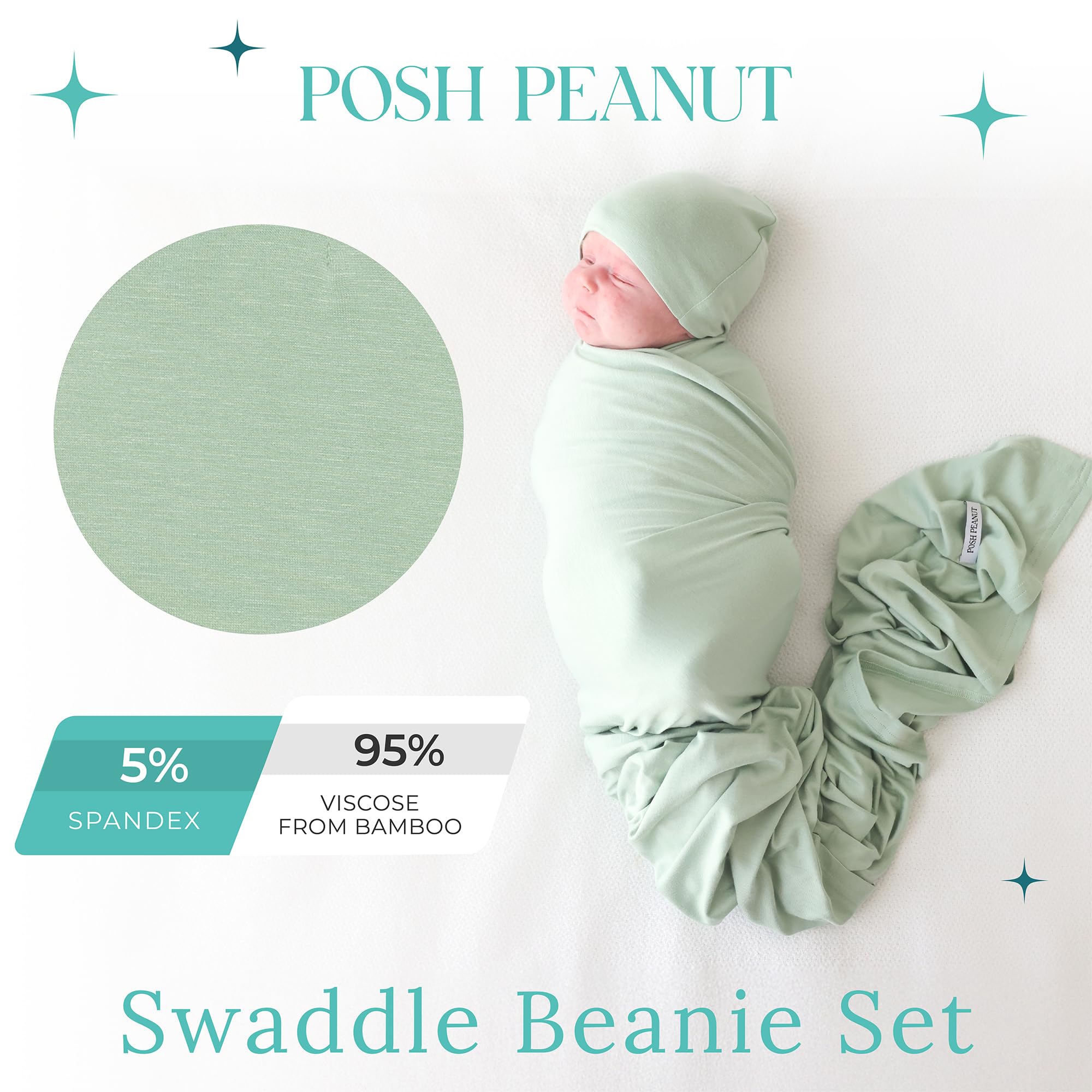 Posh Peanut Sage swaddle blanket wrapped around baby showing snug, secure wrap.