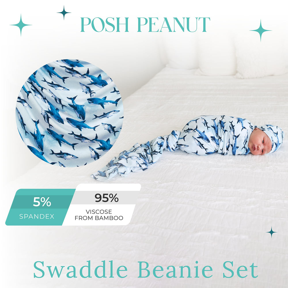 Posh Peanut Sharks beanie to match the swaddle for a coordinated look