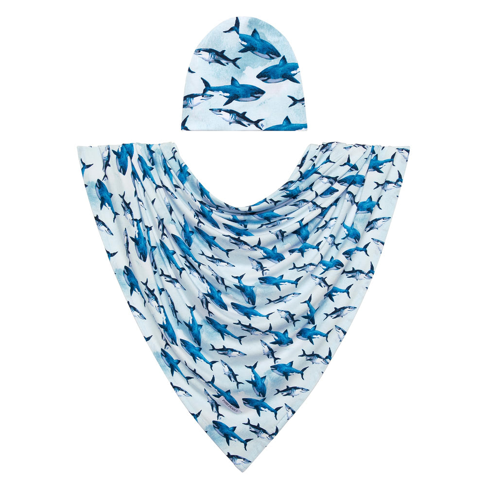 Posh Peanut Sharks swaddle set in soft bamboo viscose for newborn comfort