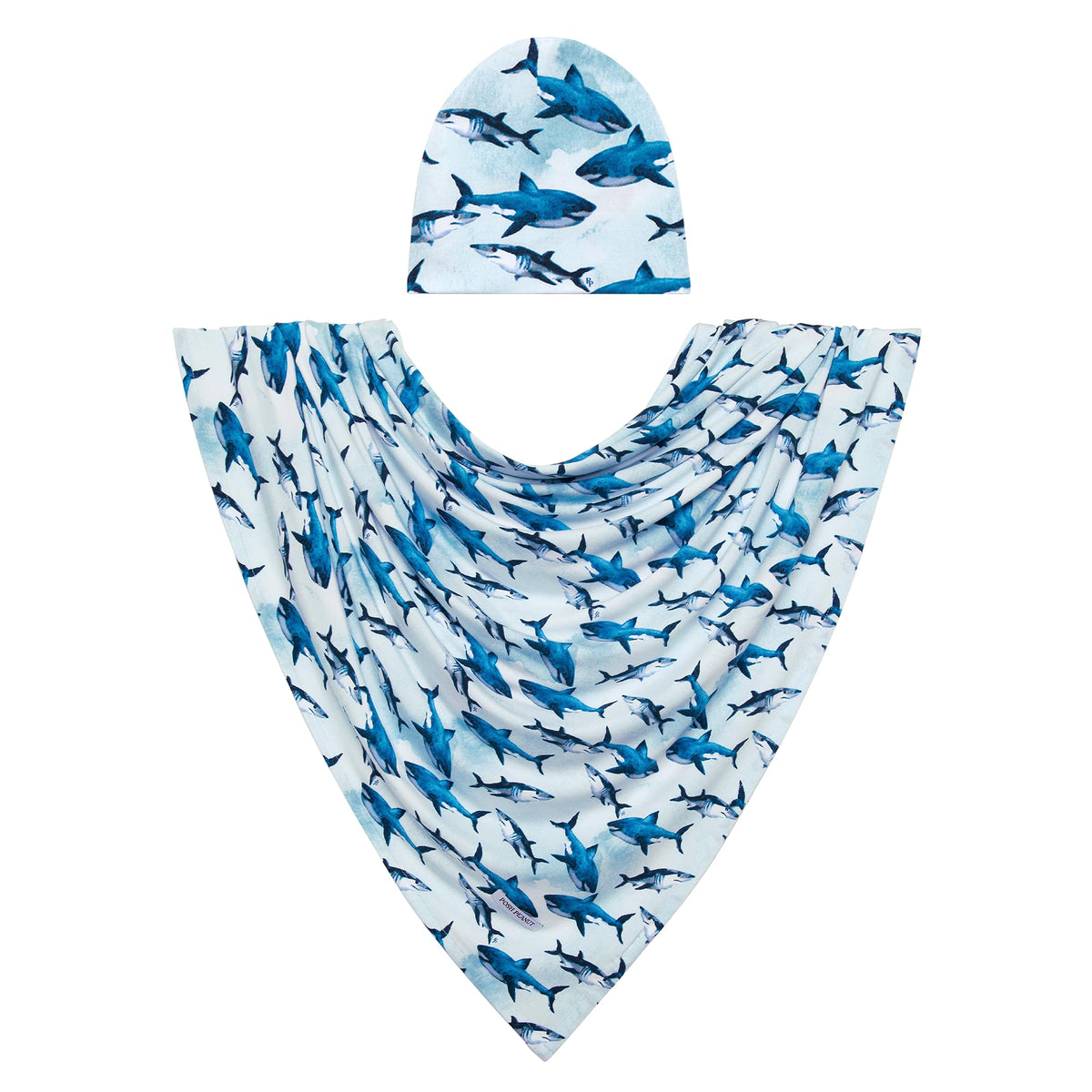 Posh Peanut Sharks swaddle set in soft bamboo viscose for newborn comfort