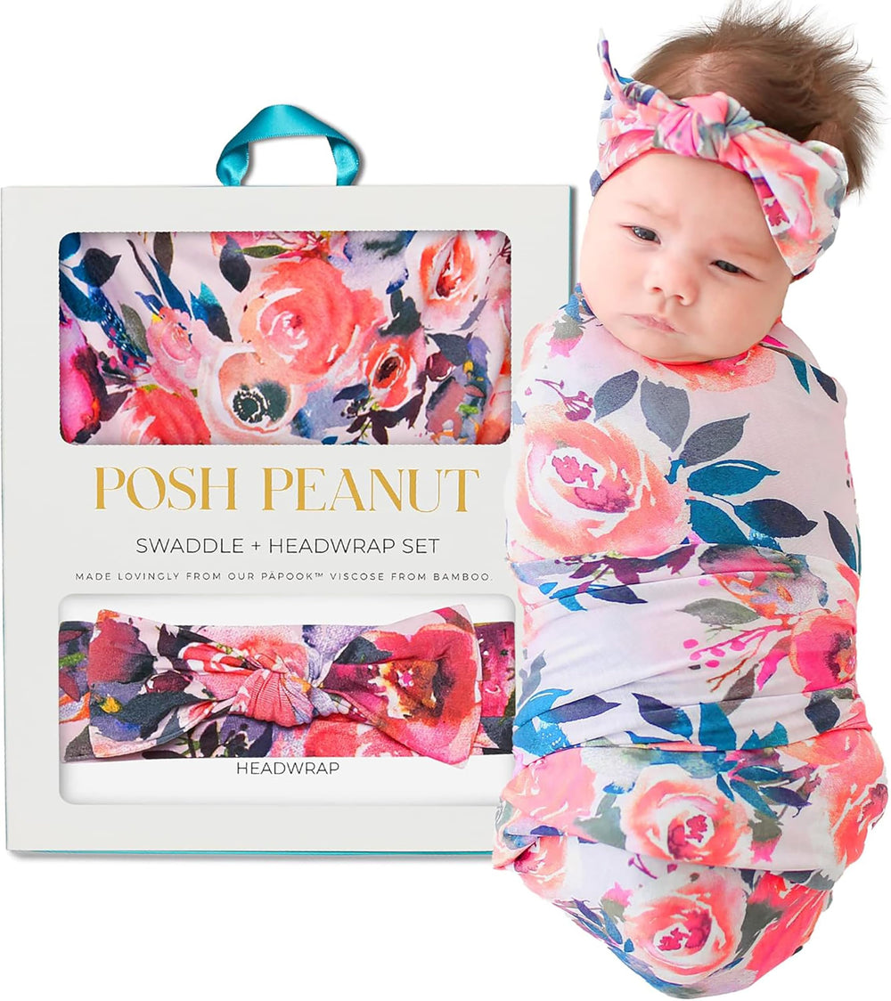 Posh Peanut swaddle blanket and headband set showing soft bamboo fabric for newborn comfort