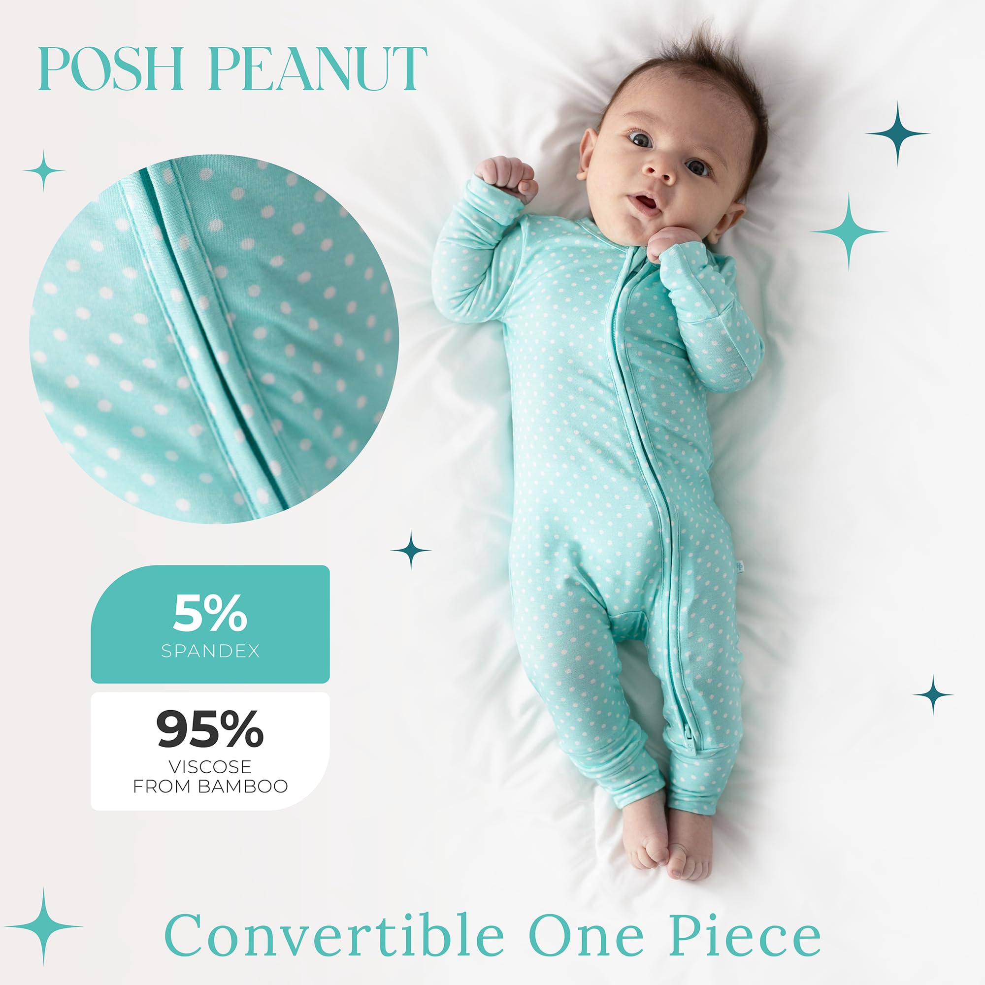 Posh Peanut two-way zipper facilitates top-down or bottom-up diaper changes.