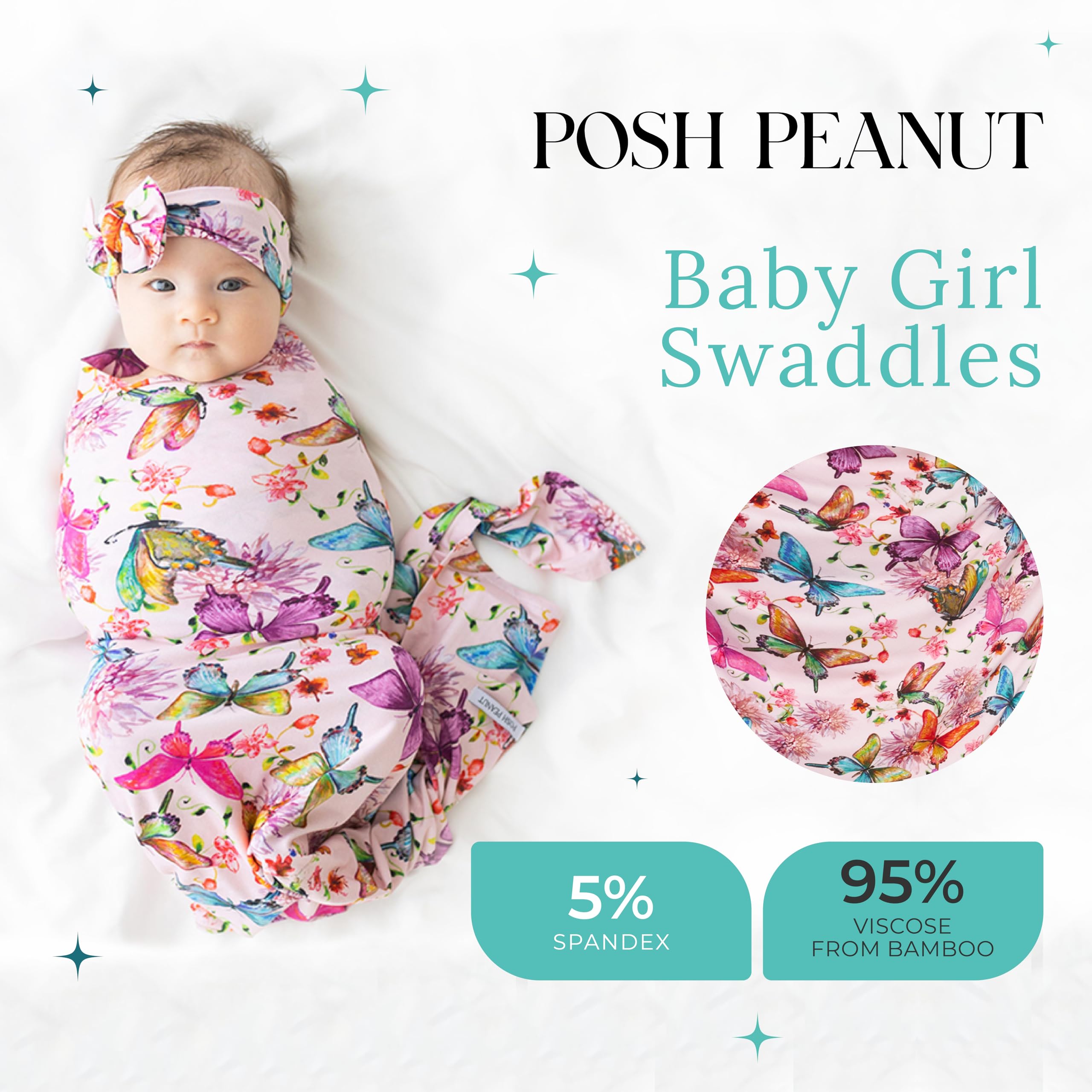 Posh Peanut butterfly headband complements the swaddle set for stylish newborn outfits.