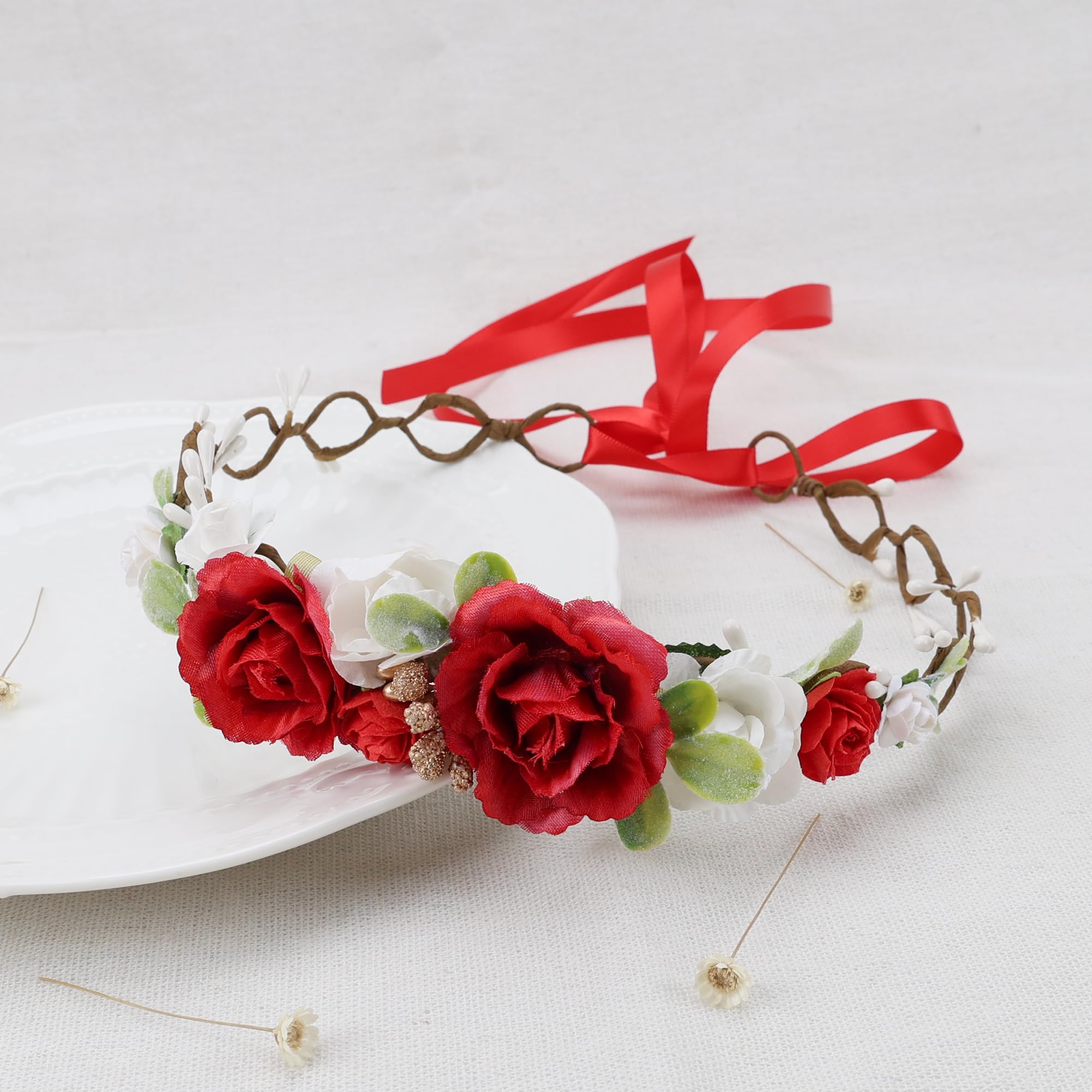 PoshMyra flower crown showing adjustable back ribbon for sizing.