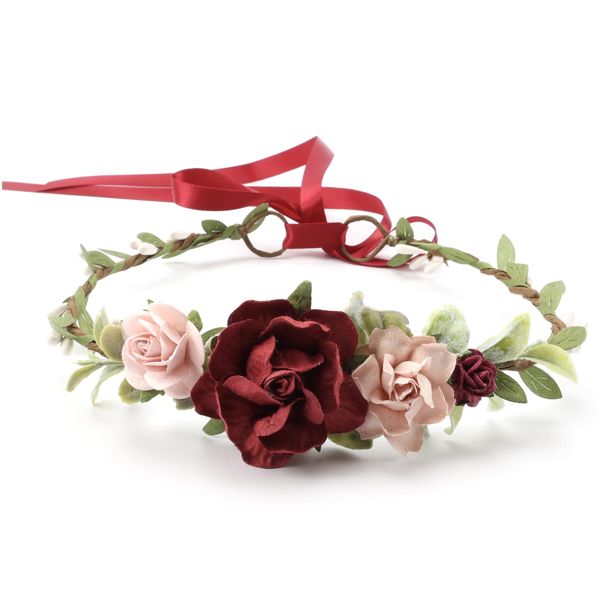 PoshMyra burgundy flower crown for girls with adjustable back tie for birthdays