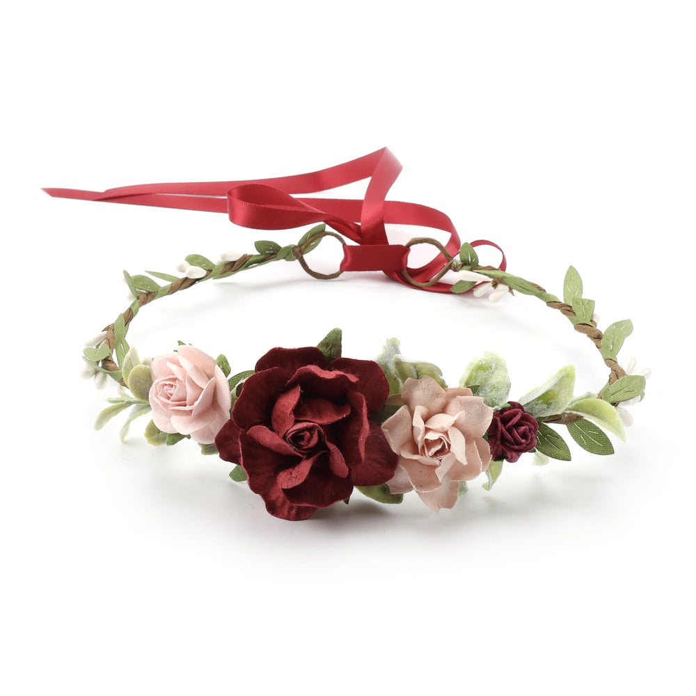 PoshMyra burgundy flower crown for children with soft inner headband for comfort