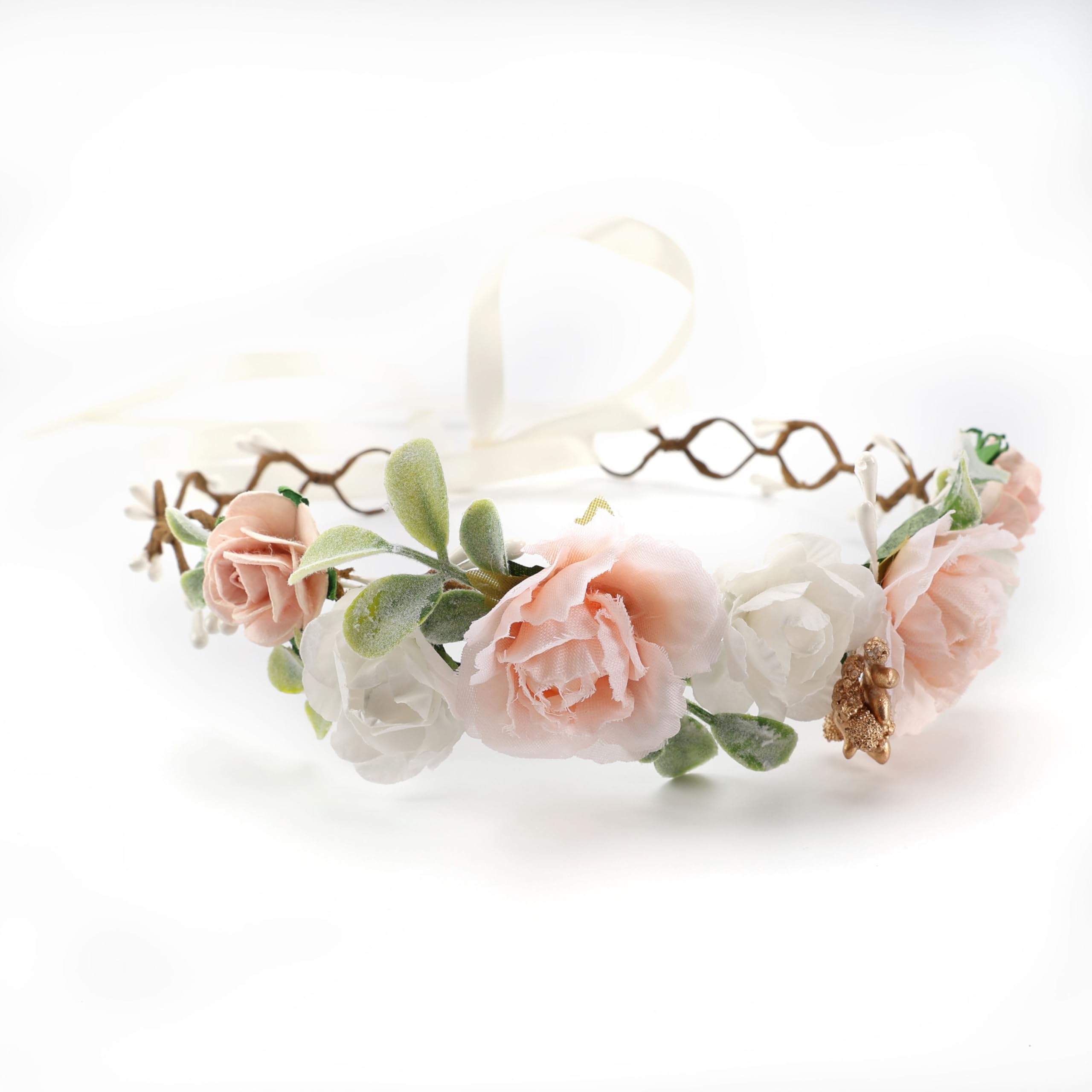 PoshMyra ivory peach flowers crown ideal for weddings or parties.