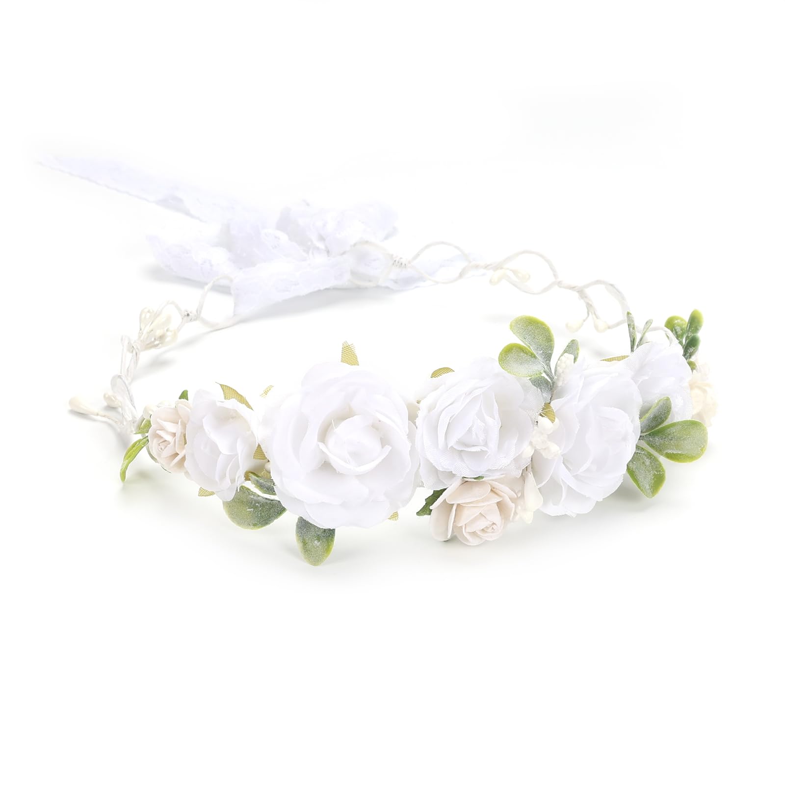 PoshMyra white flower crown for kids with tie-back ribbon, adjustable fit.