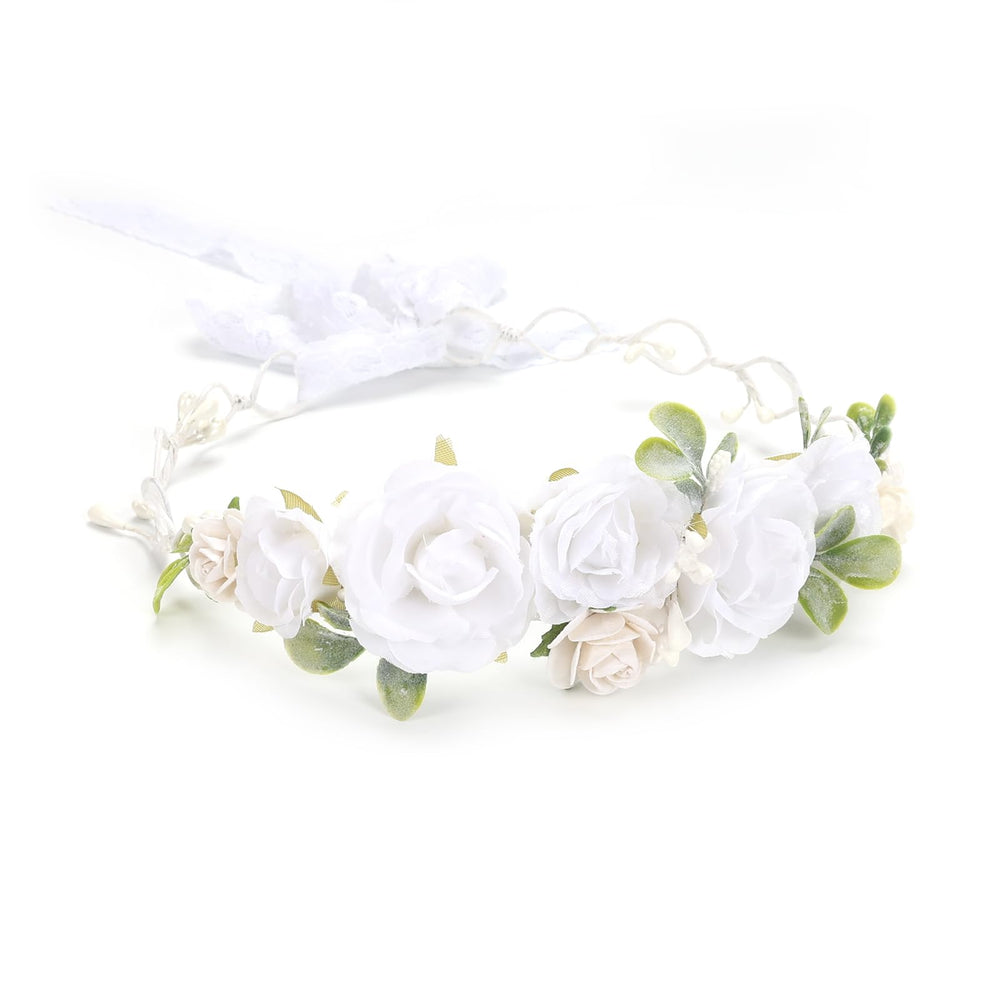PoshMyra white flower crown for kids with tie-back ribbon, adjustable fit.
