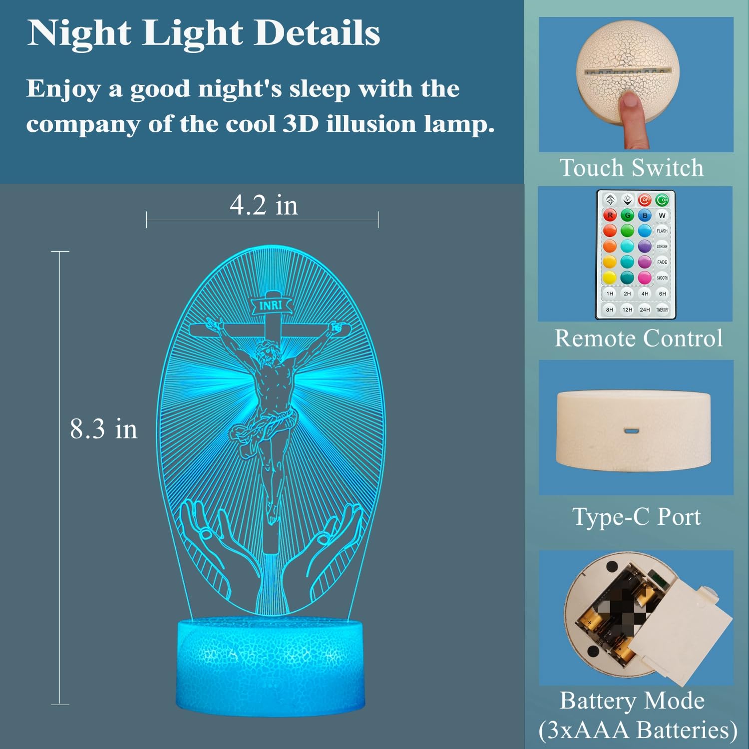 POSSHE Cross 3D Night Light enhances bedrooms, nurseries, or sacred spaces with gentle glow.