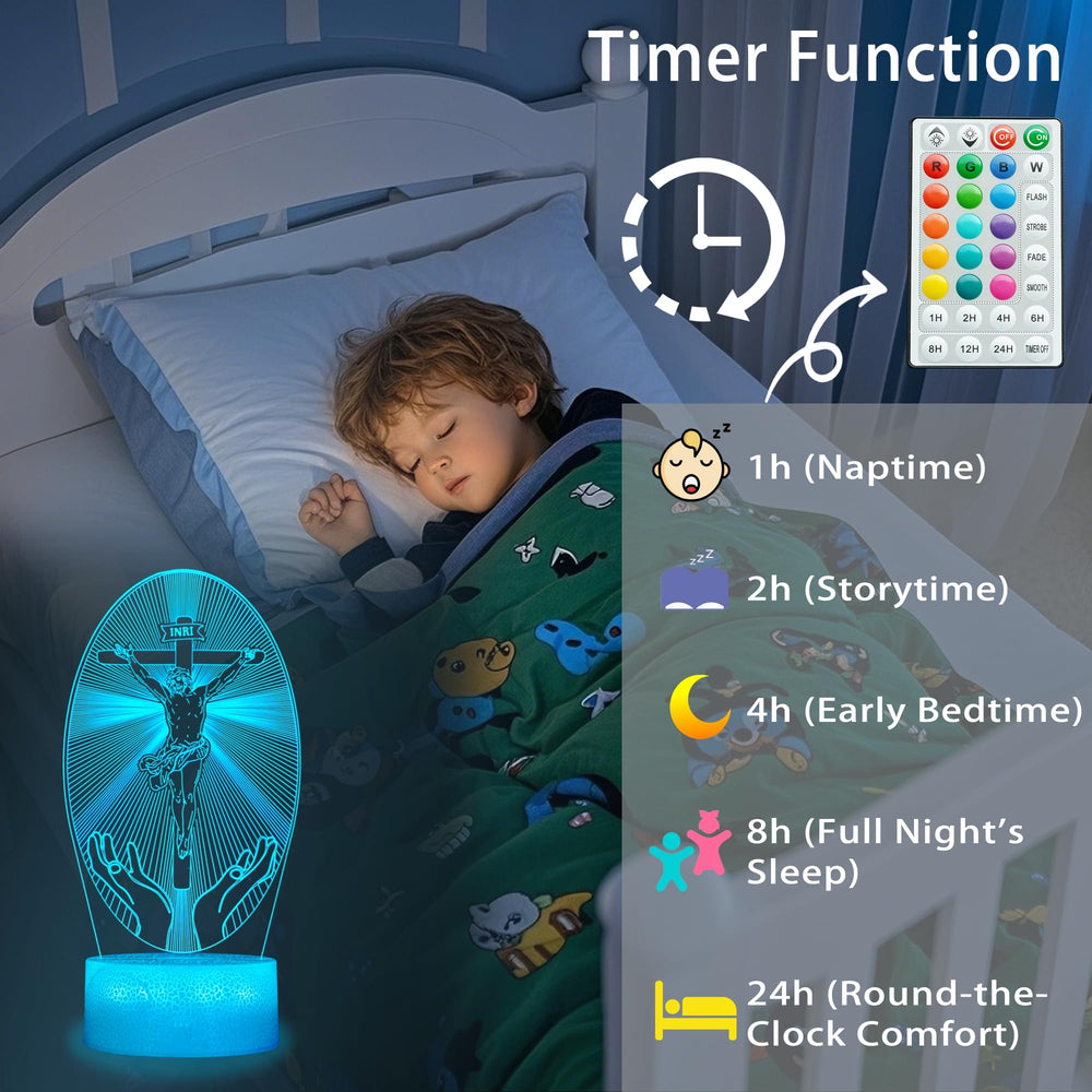 POSSHE Cross 3D Night Light runs on batteries or USB, flexible placement.