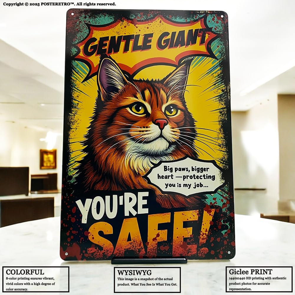 Posteretro comic-book cat design on metal sign for retro charm