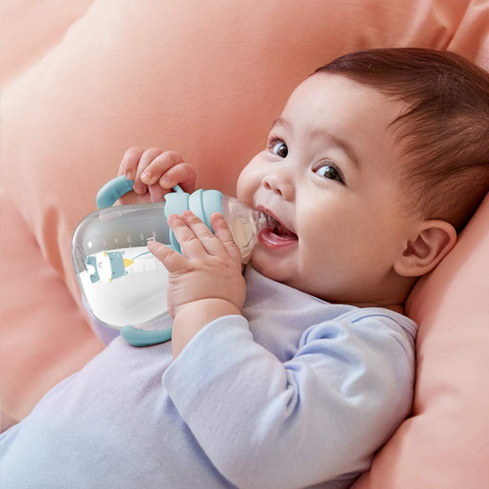 POTATO 6-ounce bottle in use with blue bottle and nipple.