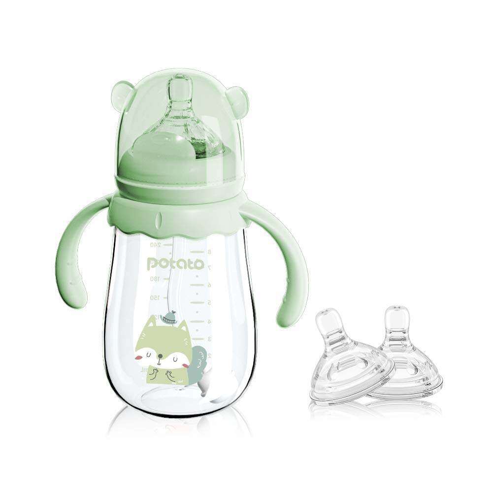 Potato glass baby bottle with anti-colic fast-flow nipple for easier feeding