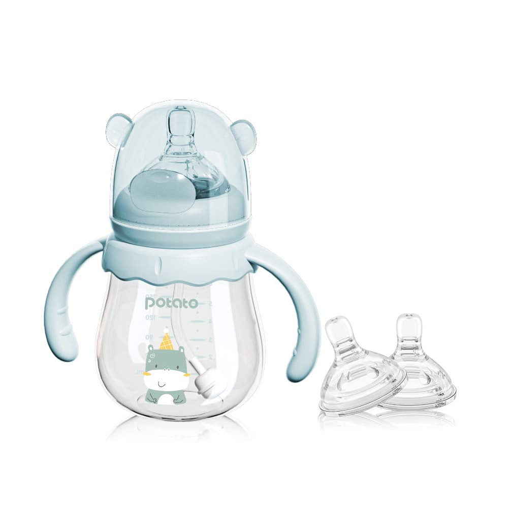 POTATO glass baby bottle in blue, clean glass for safe feeding.